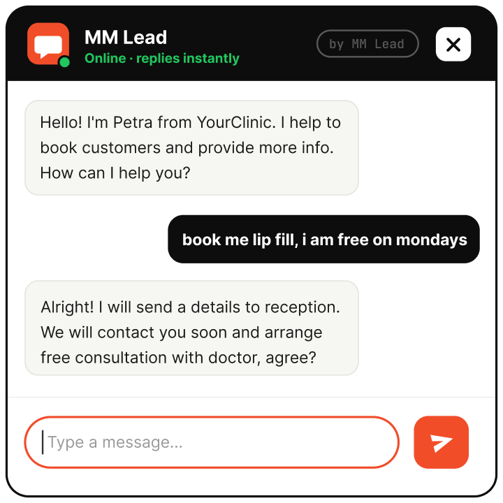 MMLead AI receptionist chatting in the clinic's website widget
